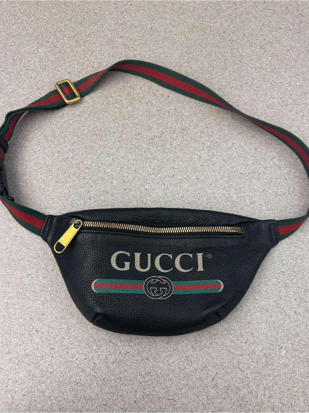 Gucci Black Leather Logo Belt Bag with Green-Red Web Stripe *Smaller BeltBag*